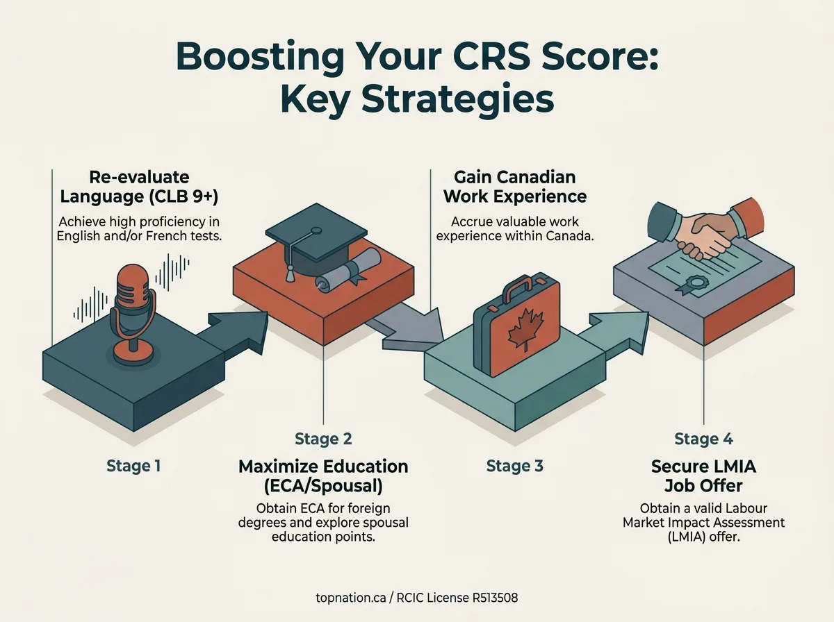 Boosting Your CRS Score: Key Strategies Infographic detailing 4 strategies to increase an Express Entry CRS score.