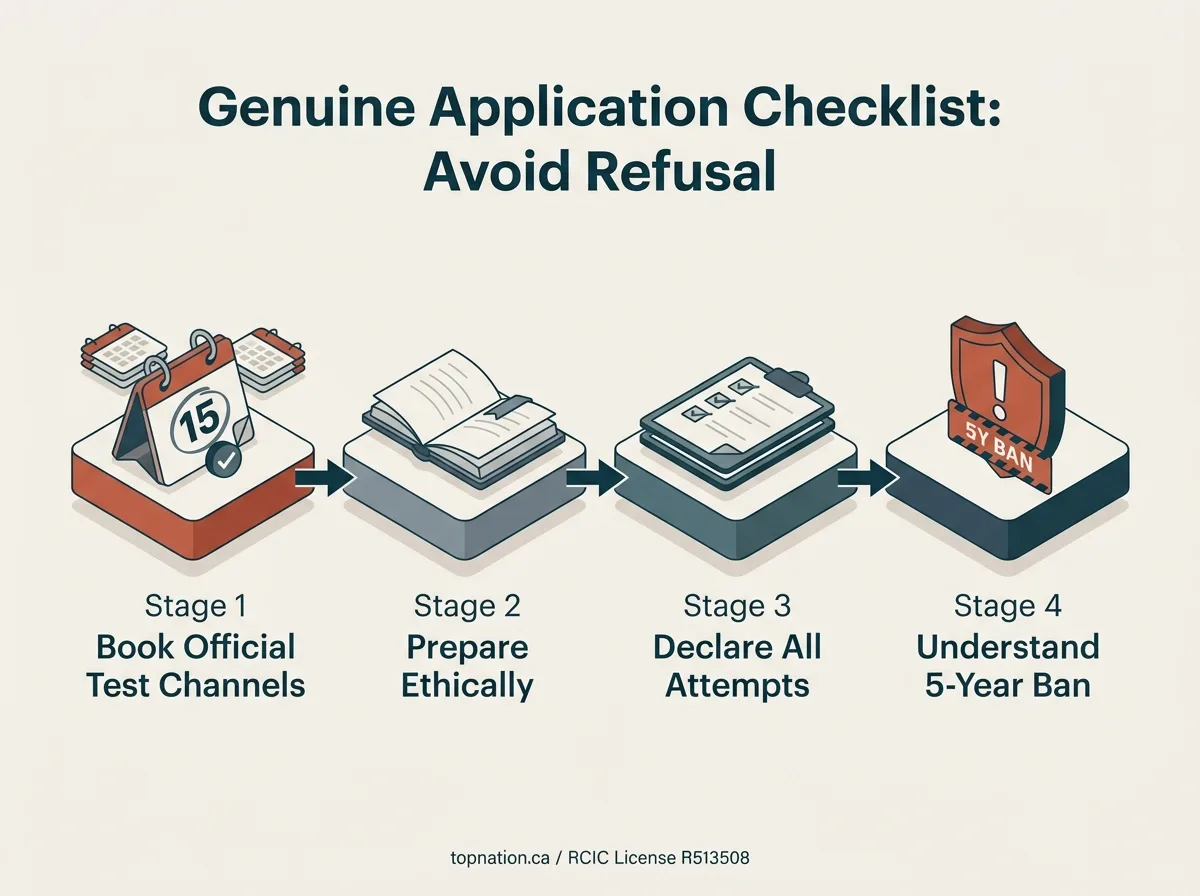 Genuine Application Checklist: Avoid Refusal Infographic outlining a 4-step checklist for genuine applicants to avoid refusal, covering official booking, ethical preparation, declaring attempts, and understanding the 5-year ban.