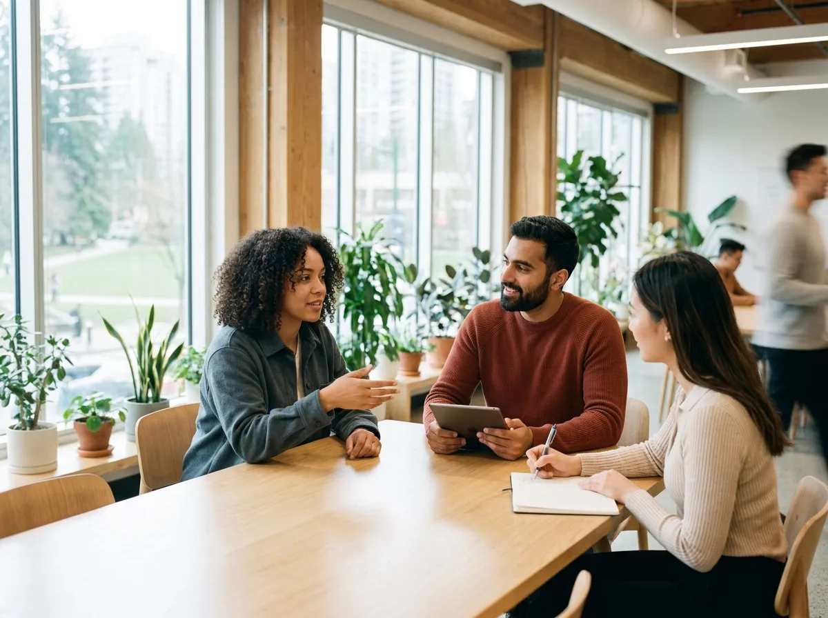 Working in Canada Diverse professionals collaborating in a modern Canadian office, symbolizing career opportunities.