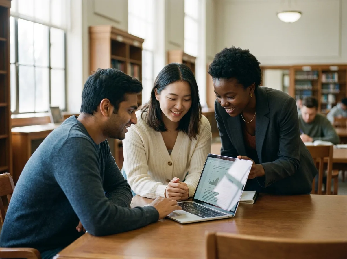 Collaborative Planning for the Future Diverse international graduate students collaborating in a university library.