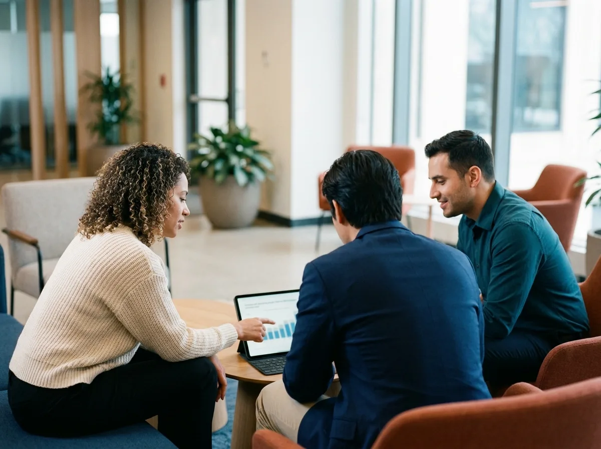 Collaboration in Canada's High-Wage Sectors A diverse group of three professionals in a modern Canadian office lounge, engaged in a focused discussion around a tablet or whiteboard.