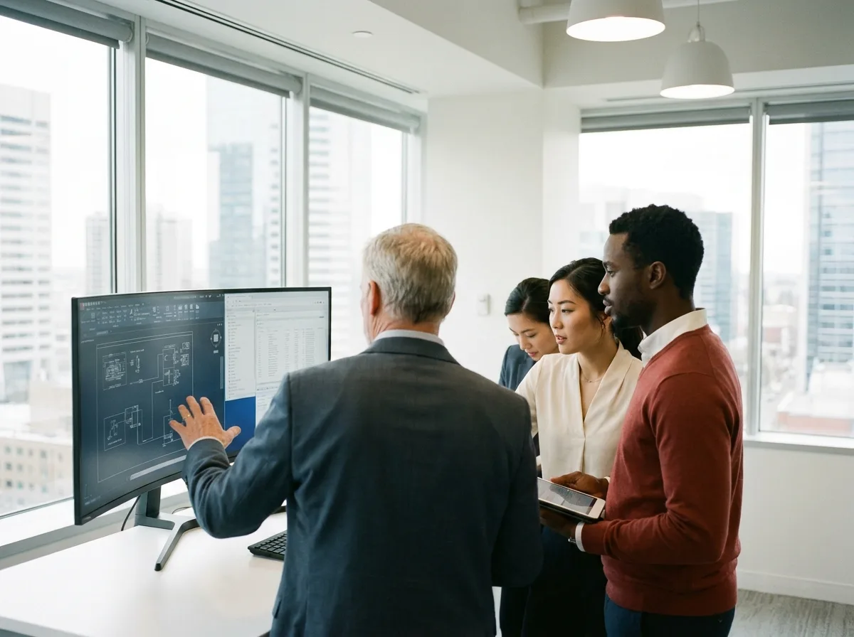 Leveraging Diverse Talent in Alberta Workplaces Diverse team of professionals collaborating around a monitor in a modern Alberta office.
