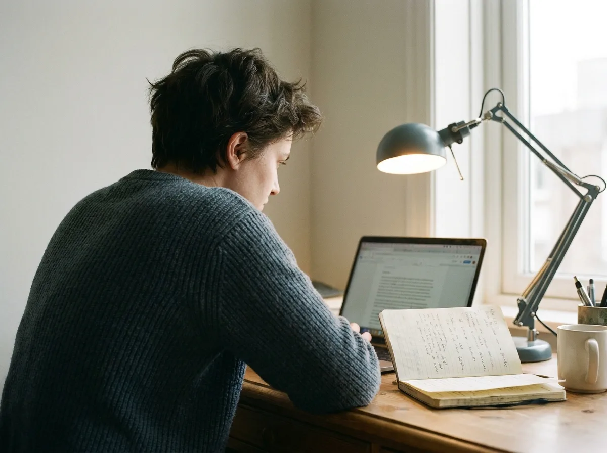 Diligent Preparation for Immigration A person diligently studying or working on a laptop at a home desk, symbolizing focused preparation for an immigration application.