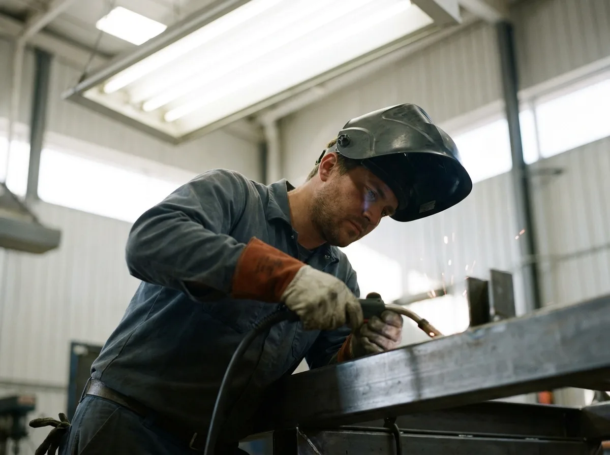 Skilled Manufacturing Worker in Action Candid photo of a skilled welder at work in an Alberta manufacturing facility, helmet up.