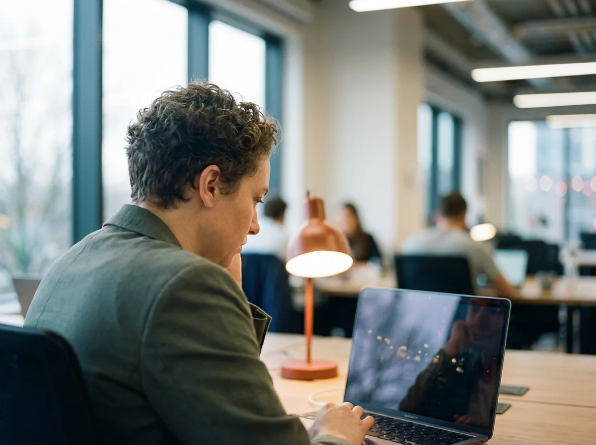 Dedicated Professional in a Canadian Workplace A focused professional working on a laptop in a modern Canadian office, representing skilled workers.