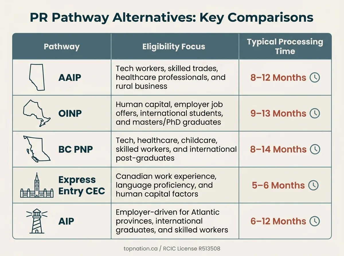 PR Pathway Alternatives: Key Comparisons Comparison chart of five Canadian PR pathway alternatives.