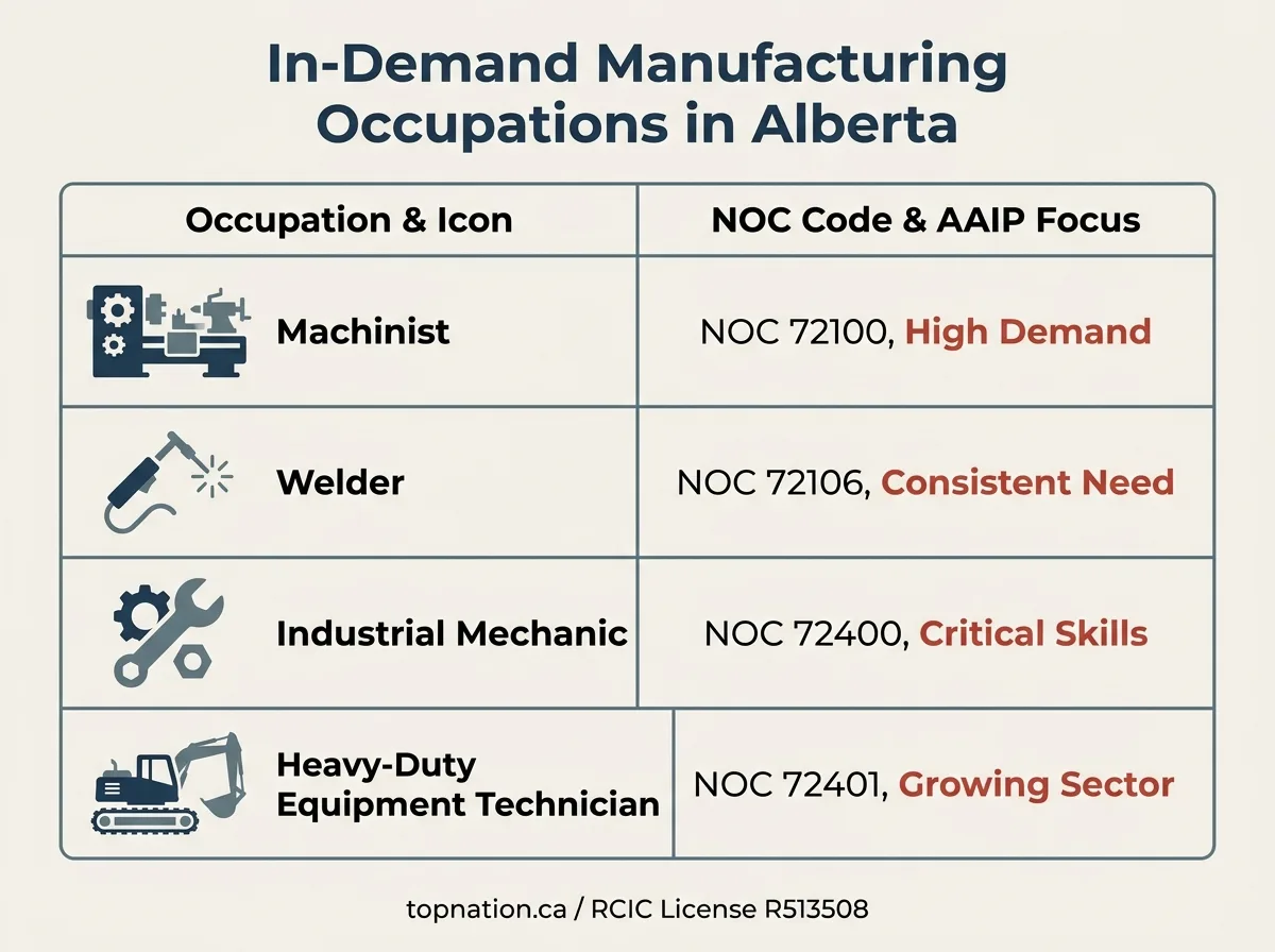 In-Demand Manufacturing Occupations in Alberta Infographic comparing in-demand manufacturing occupations in Alberta with their NOC codes and AAIP focus.