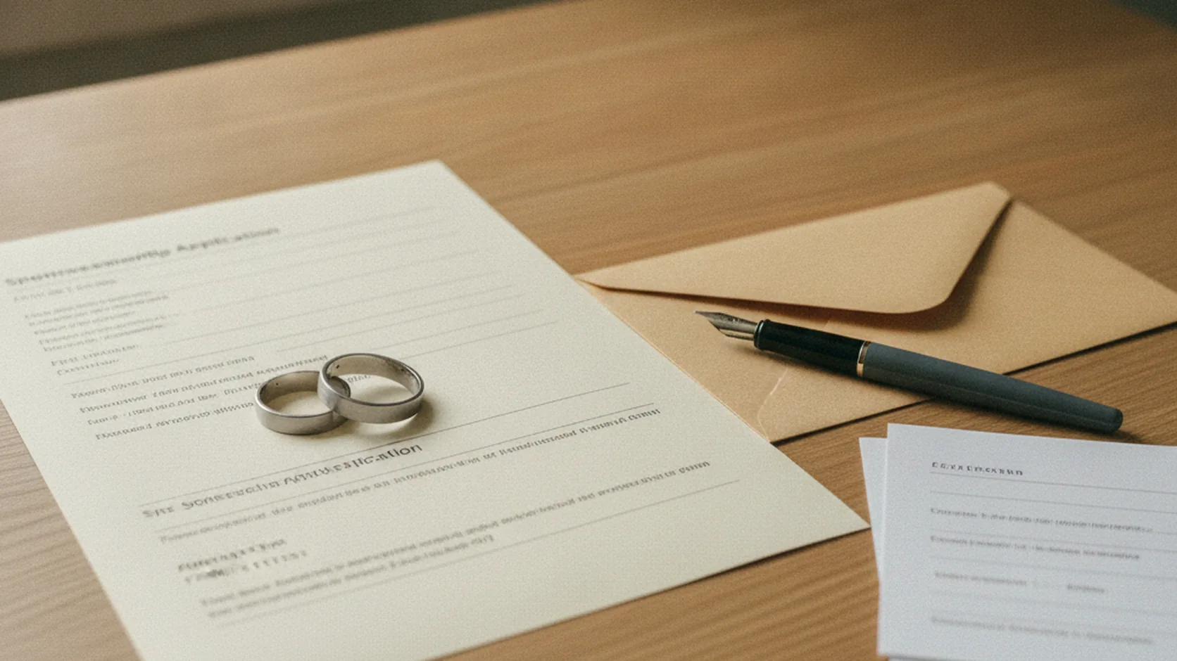 Two plain wedding bands resting on neutral spousal sponsorship paperwork on a warm wood desk in soft window light.