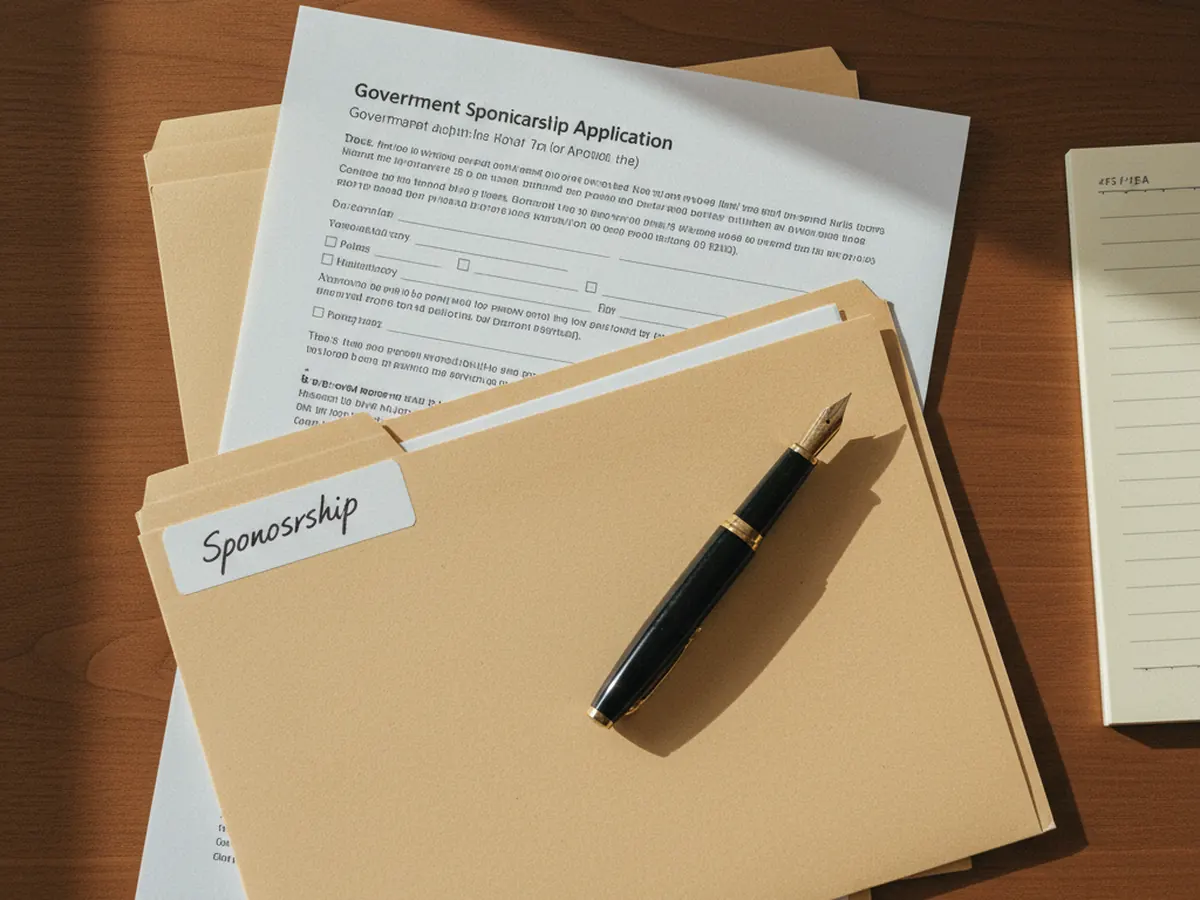 Stack of spousal sponsorship documents with a fountain pen and folder on a warm wood desk.
