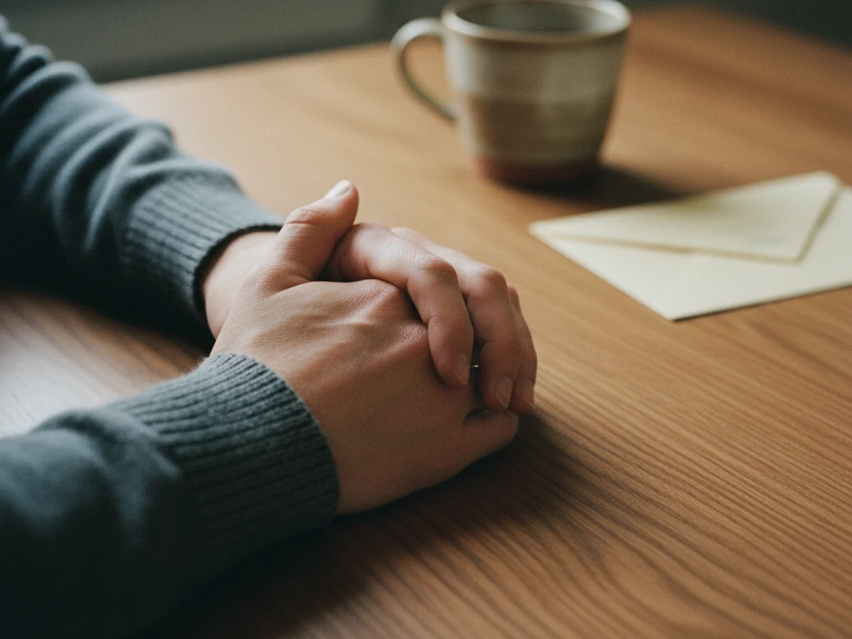 Two anonymous hands resting together on a warm wood table, a quiet waiting mood.