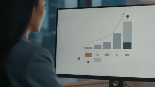 An analyst reviews an abstract data chart on a monitor in an Edmonton office at dusk