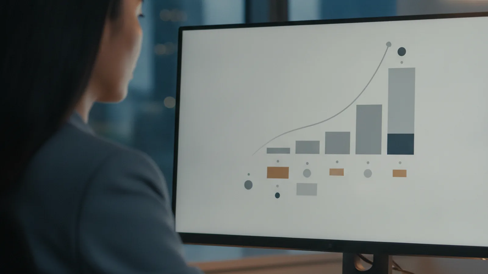An analyst reviews an abstract data chart on a monitor in an Edmonton office at dusk