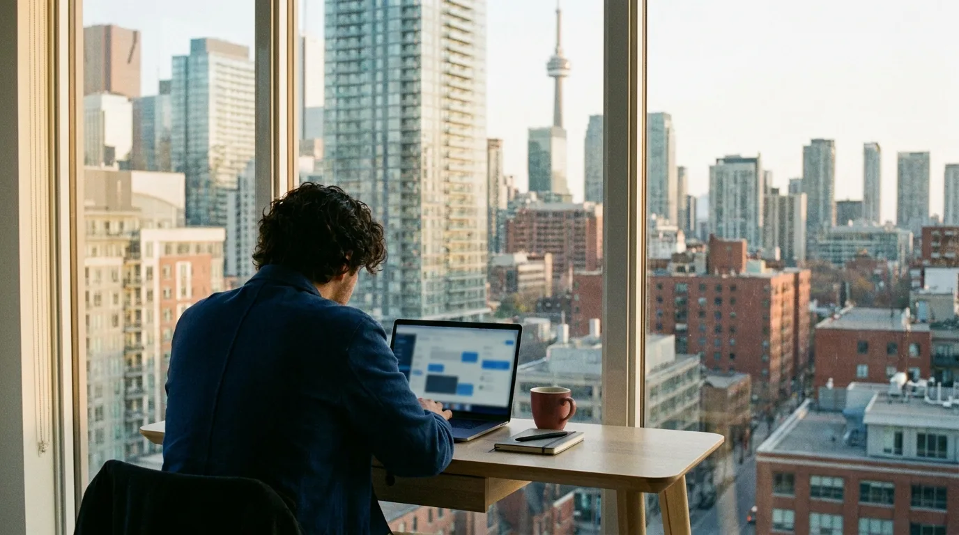 Person looking out window at Canadian city with laptop open, contemplating Express Entry application deadline
