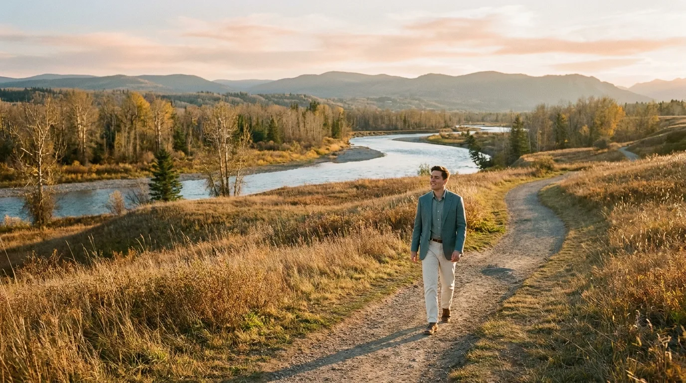 Alberta's Promise: New Horizons Person walking in Bow River Valley, Calgary, Alberta, at golden hour