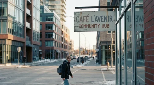 A street in Edmonton, Alberta, with a subtle bilingual sign and a student walking, representing Francophone communities outside Quebec.