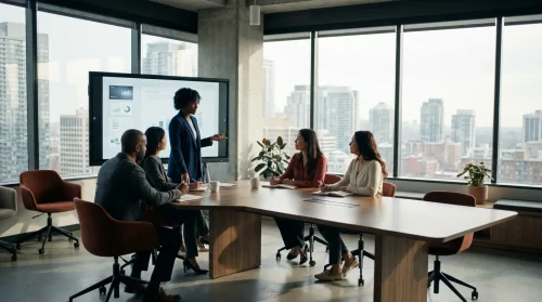 Diverse team of professionals in a bright Canadian boardroom discussing TFWP wage thresholds.