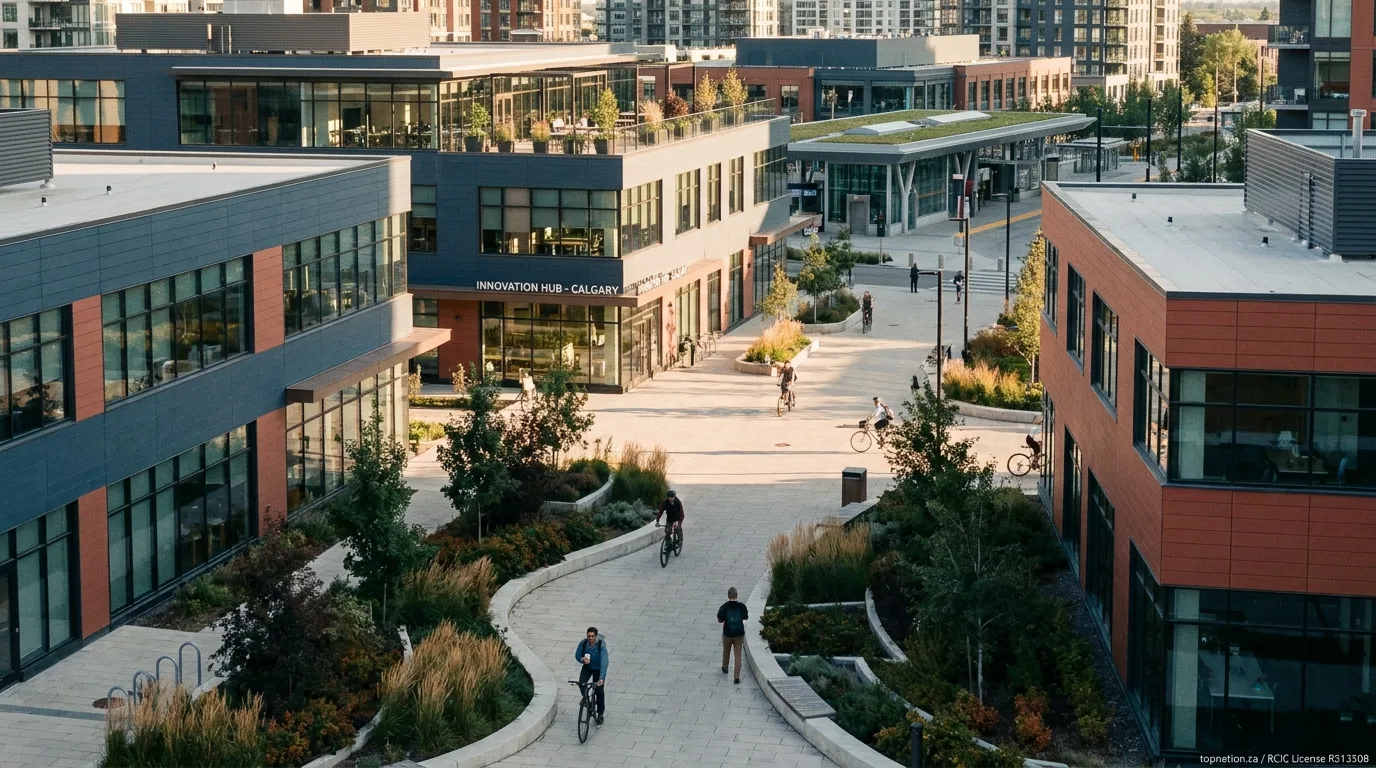 Calgary's Tech Landscape Modern tech-focused neighborhood in Calgary at golden hour, showing contemporary buildings and green spaces.