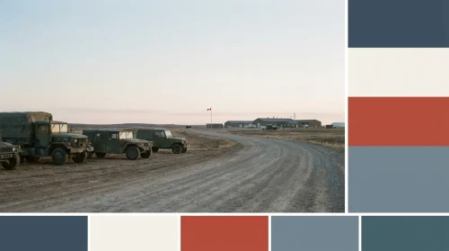 Cinematic shot of a Canadian Forces training ground at dawn with a distant Canadian flag, symbolizing readiness for new opportunities.