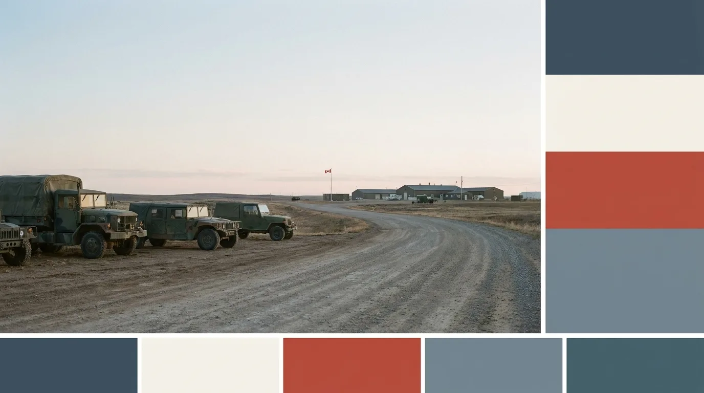Cinematic shot of a Canadian Forces training ground at dawn with a distant Canadian flag, symbolizing readiness for new opportunities.