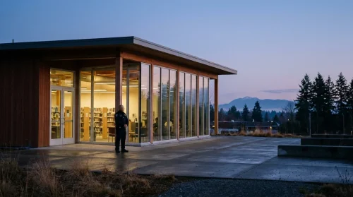 Security guard standing watch at the entrance of a modern community center at dusk, representing vigilance and safety.