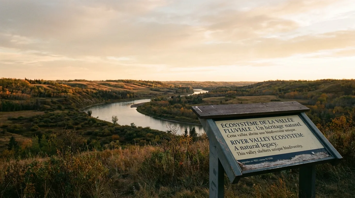 Cinematic view of Edmonton River Valley with a bilingual interpretive sign at golden hour.