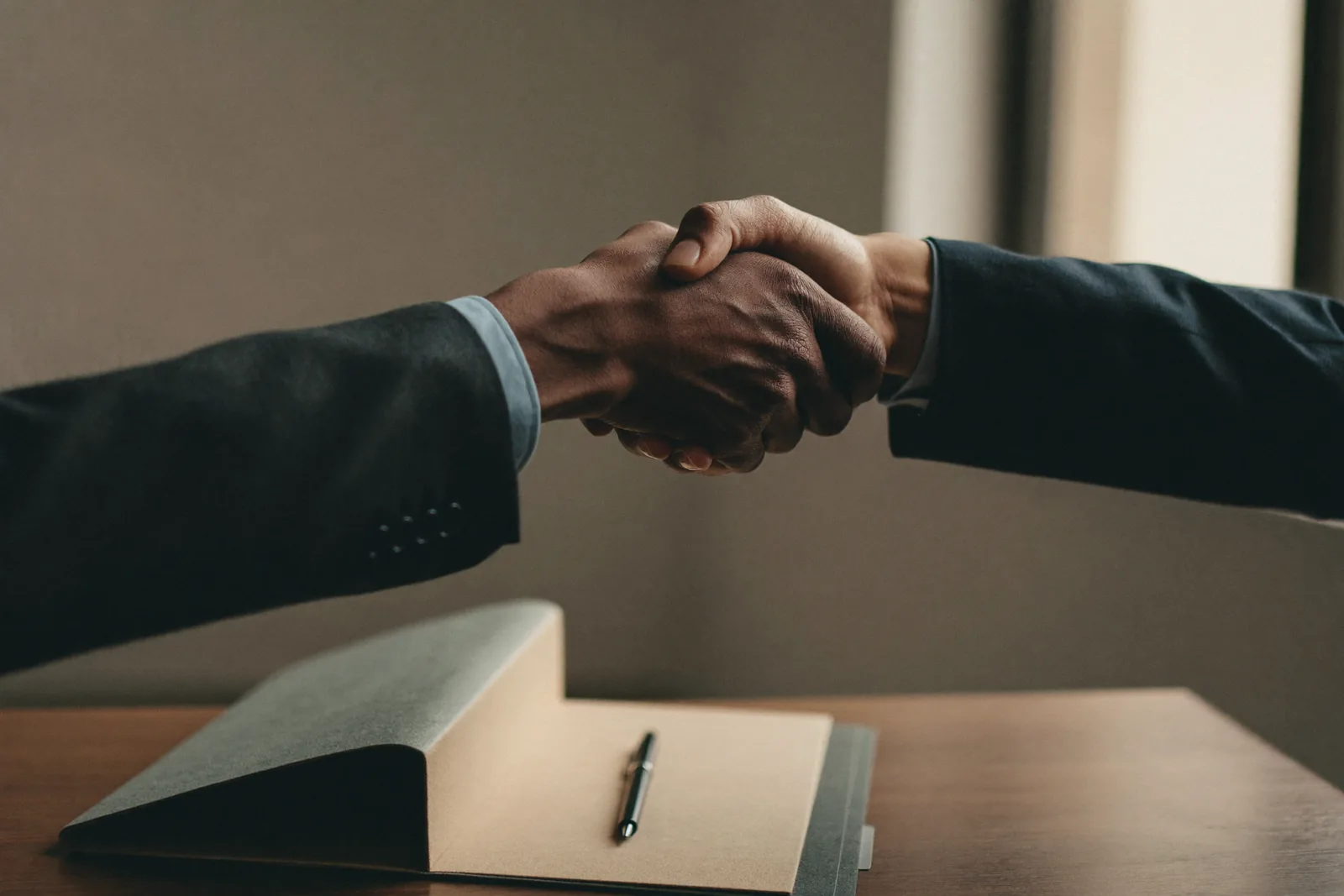 Employer and new foreign worker shaking hands over an employment agreement