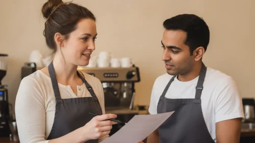 Small-business cafe owner in Edmonton going over a hiring document with a new employee