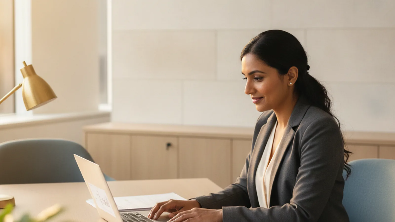 An HR manager reviews hiring paperwork on a laptop in a bright modern Edmonton office