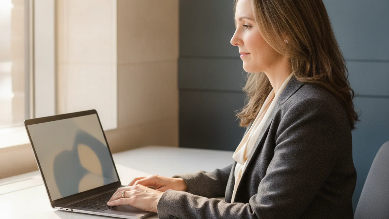 An Alberta HR professional submits a hiring application on a laptop in a bright Edmonton office