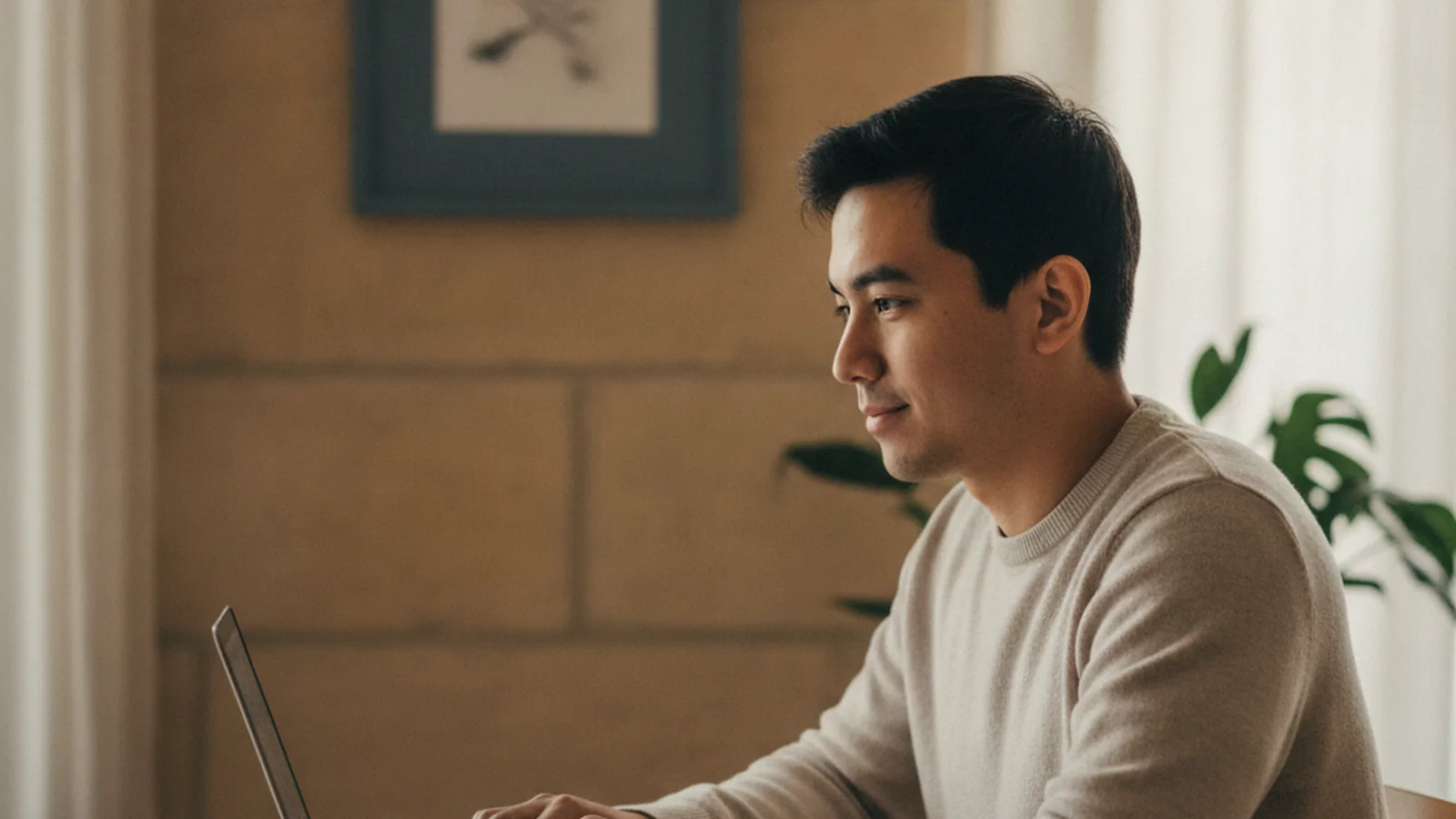 A recent international graduate works on a laptop at a home desk while awaiting a work permit decision