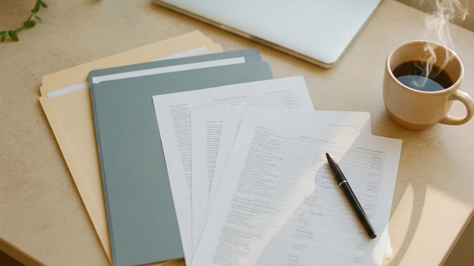 Neatly organized PGWP application documents and a laptop on a warm home-office desk
