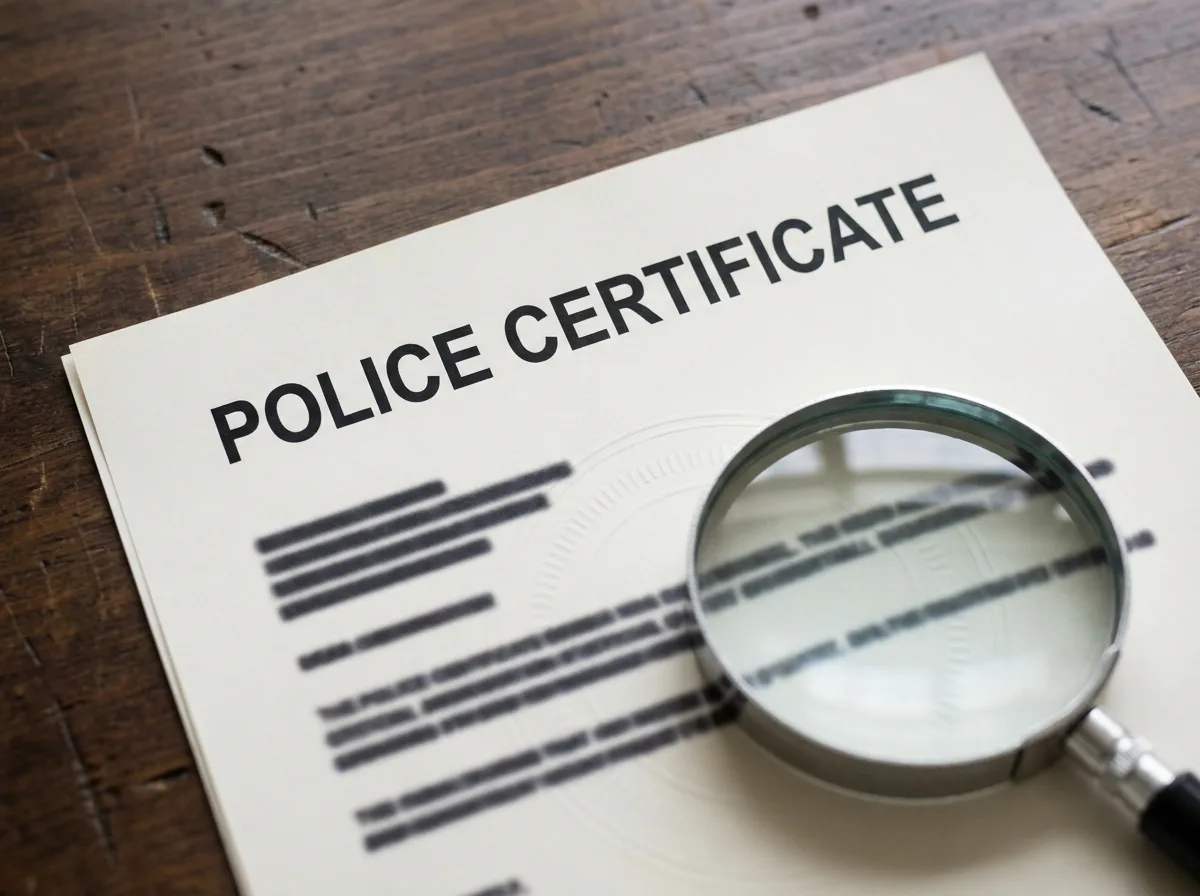 Official Police Certificate Close-up of a police certificate document on a desk with a magnifying glass
