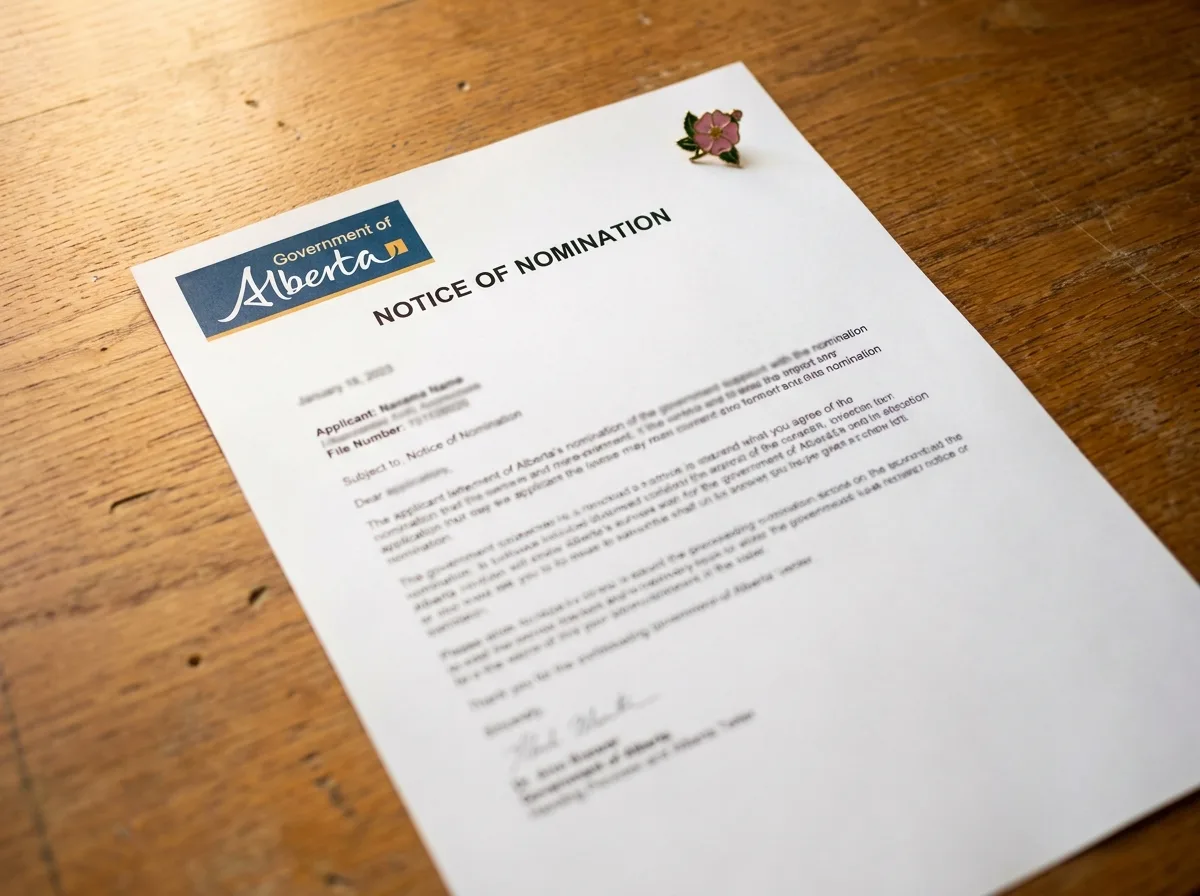 Alberta Advantage: Nomination Letter Close-up of an Alberta AAIP Nomination Letter on a desk with a wild rose pin