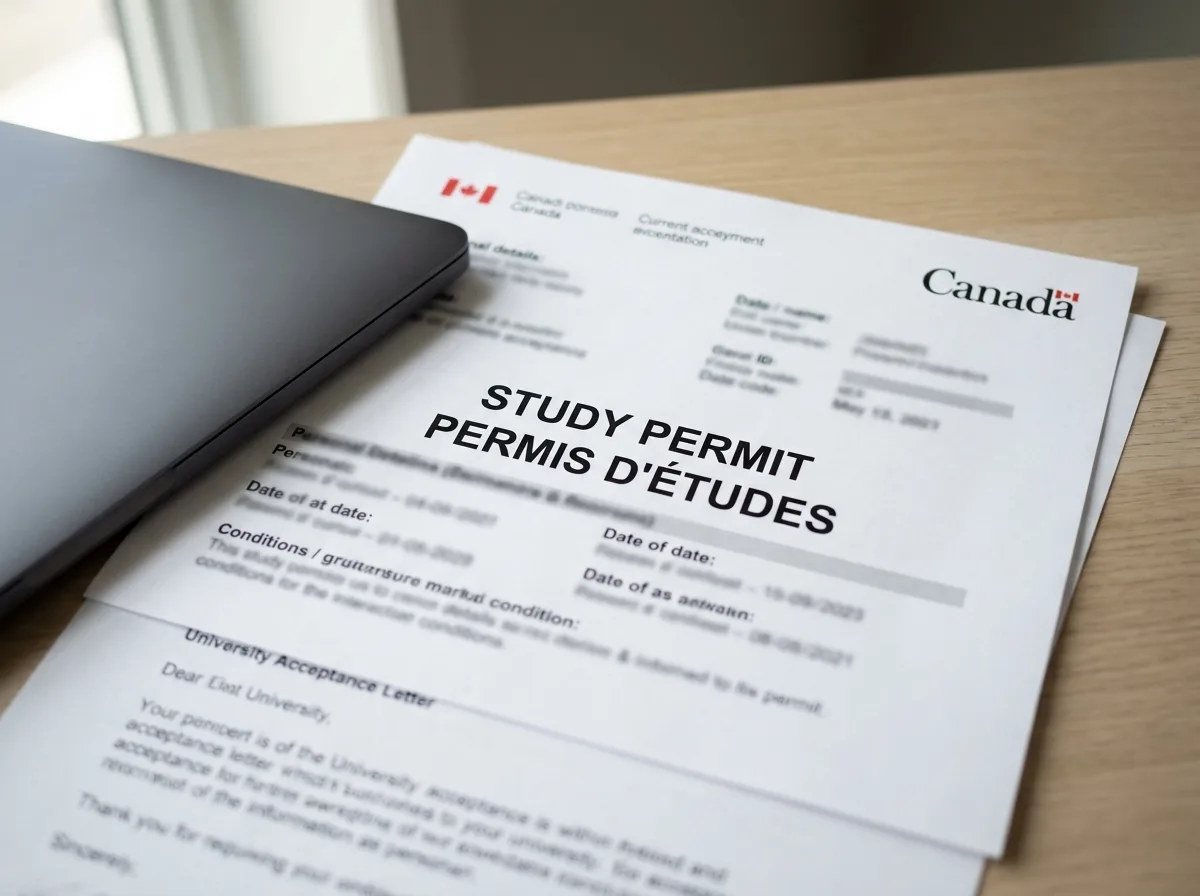 Canadian Study Permit Document Close-up of a Canadian Study Permit document on a desk with a laptop and acceptance letter.
