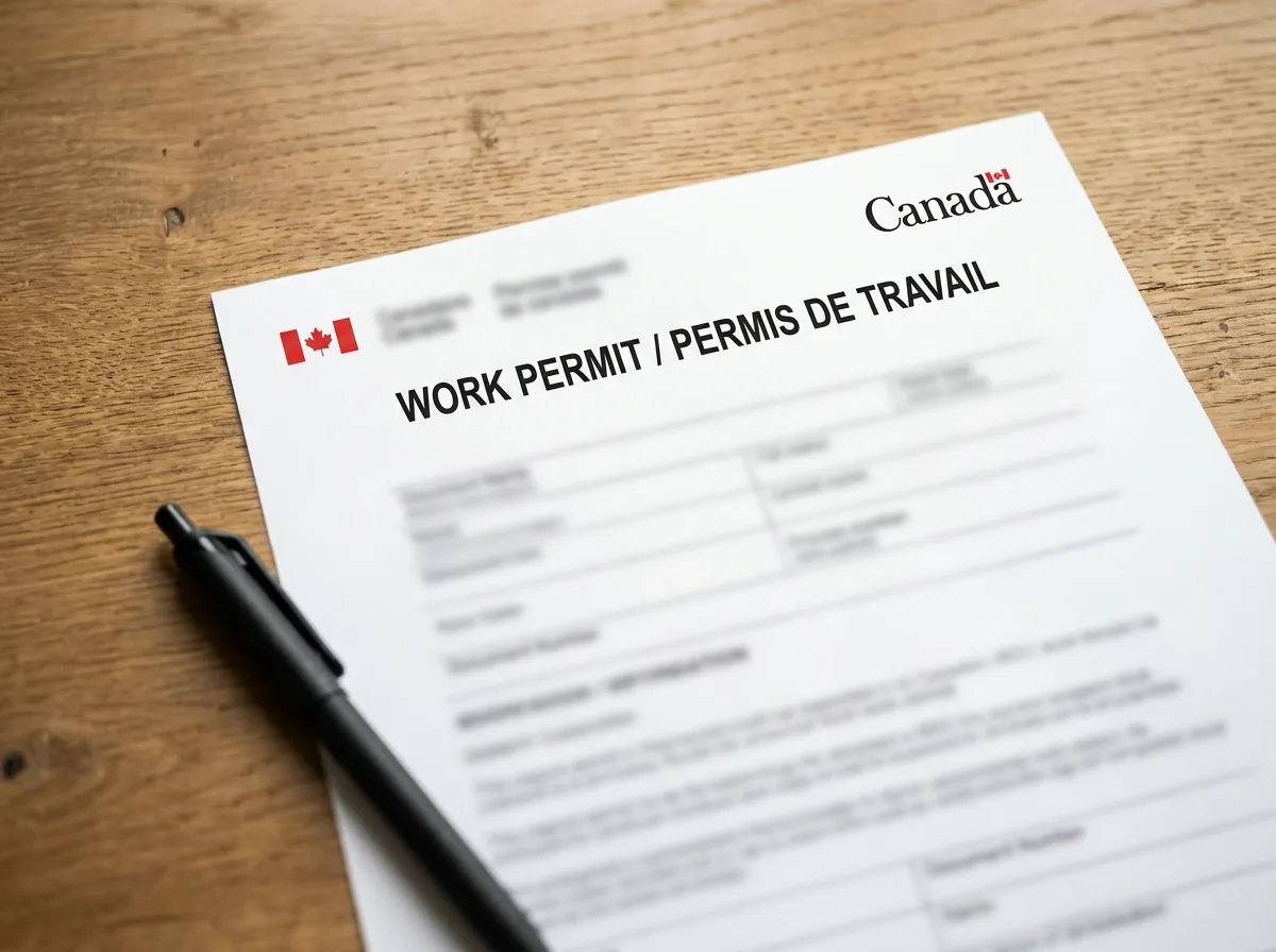 Canadian Work Permit Document Close-up of a Canadian Work Permit document on an oak desk with a pen.