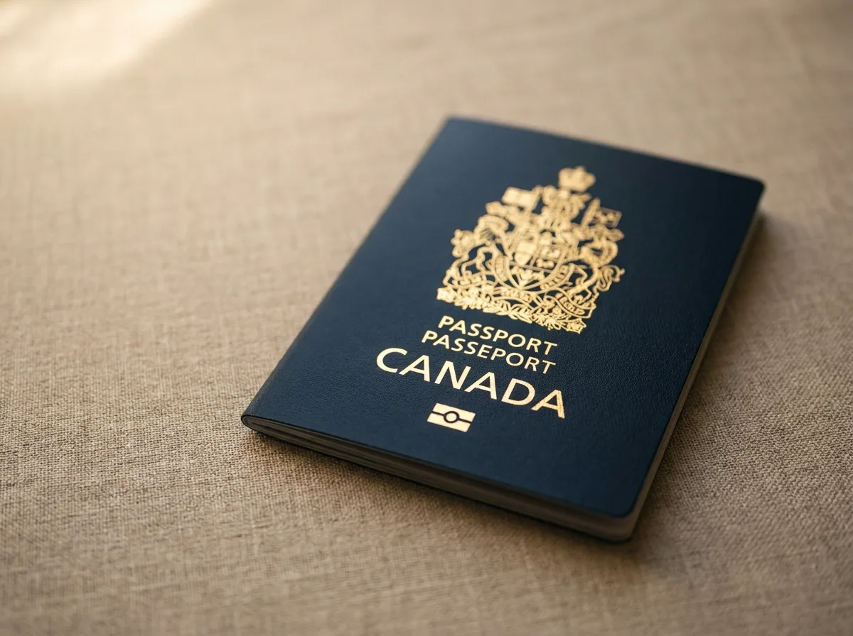 Your Canadian Passport Journey Close-up of a Canadian passport on a linen surface, symbolizing official documentation for immigration.