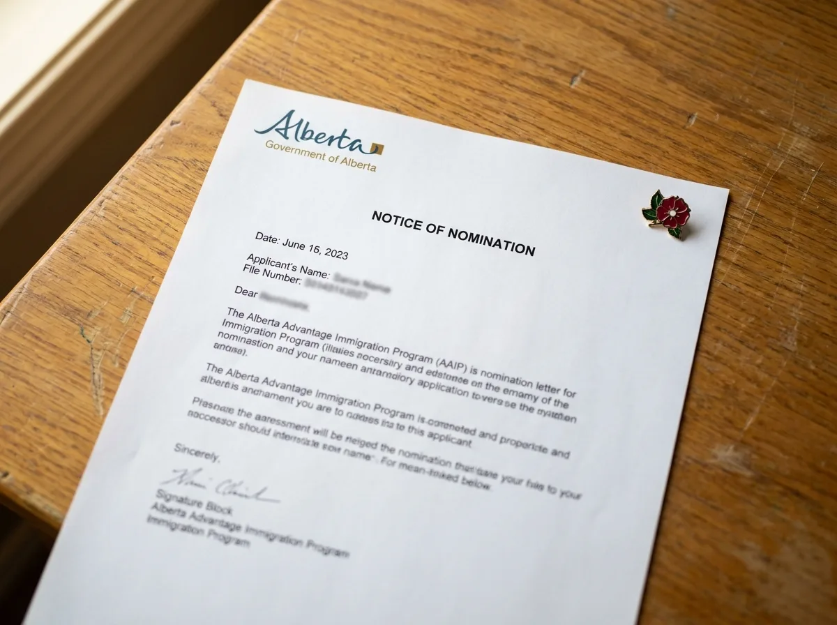 Alberta Advantage Immigration Program Nomination Letter Close-up of an Alberta Advantage Immigration Program (AAIP) Notice of Nomination letter on a desk with a wild rose pin.