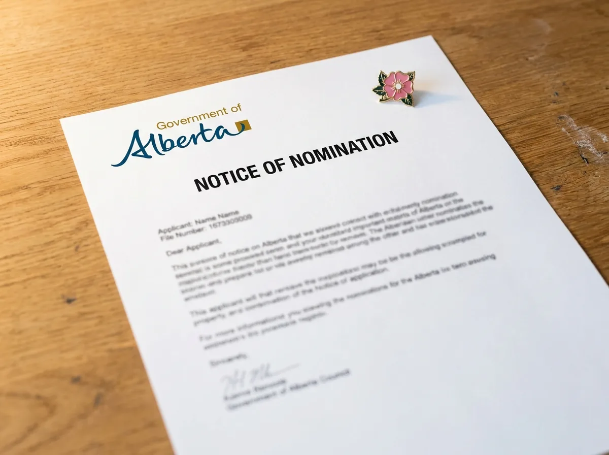 Alberta Provincial Nomination Letter Close-up of an Alberta Advantage Immigration Program (AAIP) nomination letter on a desk.