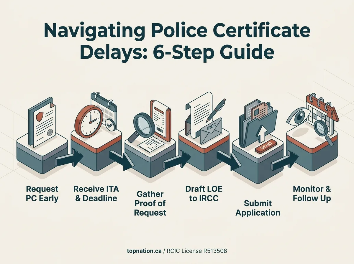 6-Step Guide for Police Certificate Delays Infographic showing 6 steps to navigate police certificate delays for Express Entry