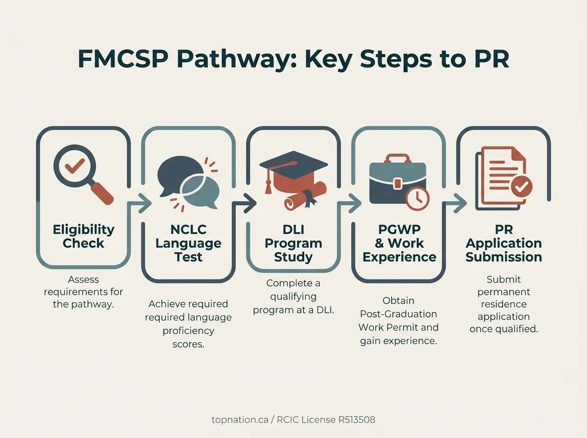 FMCSP Pathway: Key Steps to PR Infographic showing 5 steps of the FMCSP pathway to Canadian Permanent Residence.