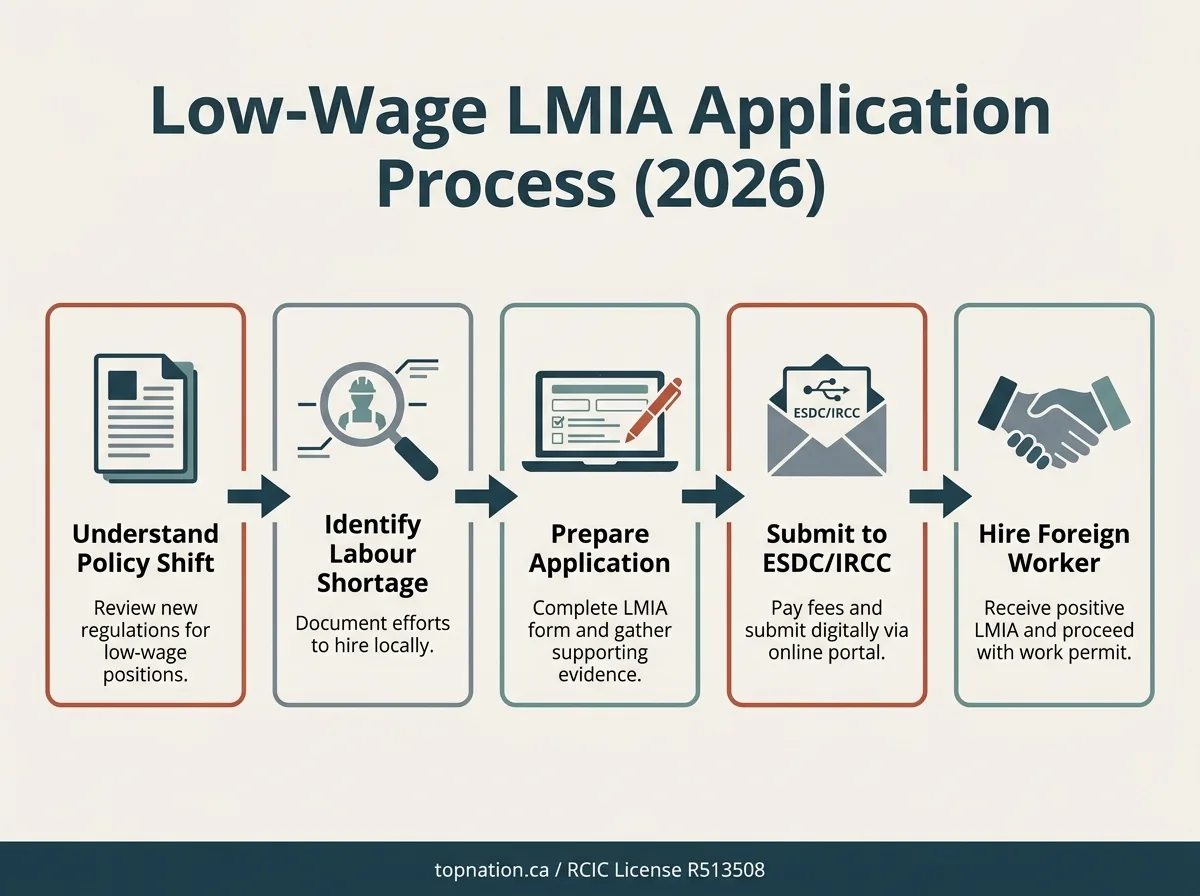 Low-Wage LMIA Application Process (2026) Infographic detailing the 5-step low-wage LMIA application process for employers in 2026.
