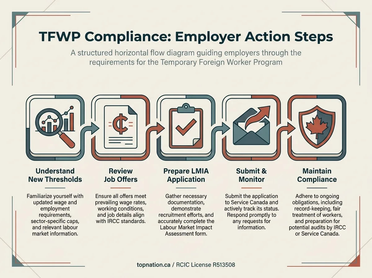 TFWP Compliance Action Steps Infographic showing 5 steps for TFWP compliance: understanding thresholds, reviewing offers, preparing LMIA, submitting, and maintaining compliance.