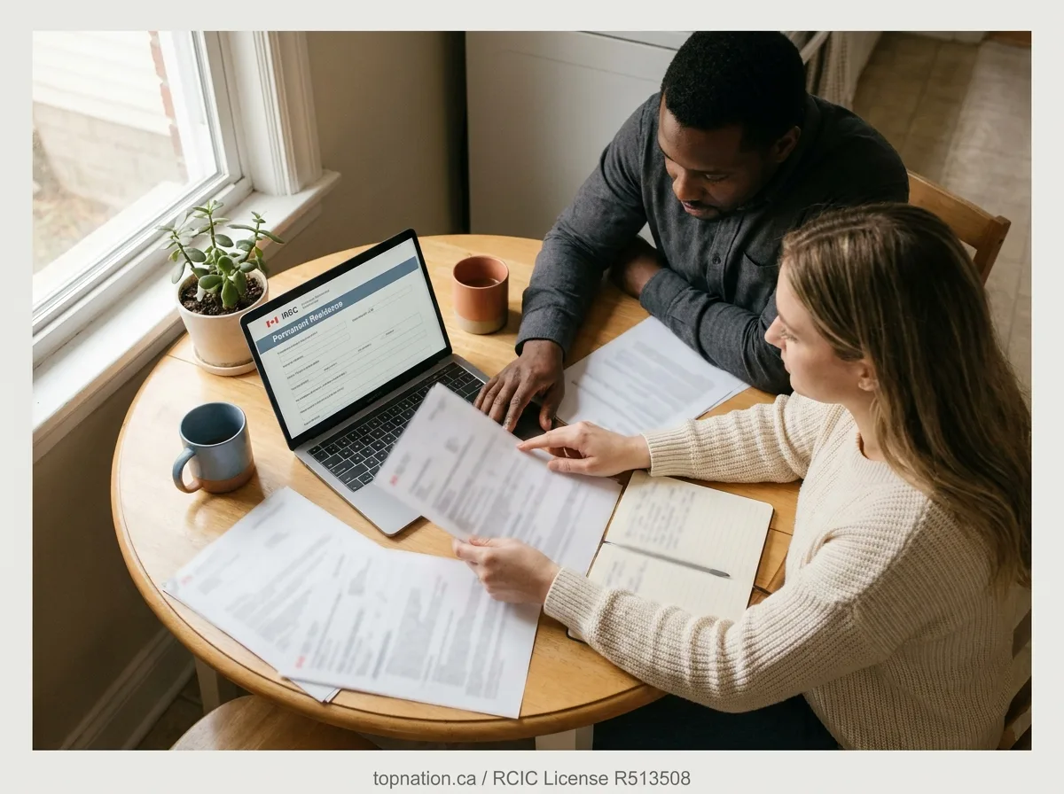 Collaborative Application Review Diverse couple reviewing immigration documents at a kitchen table