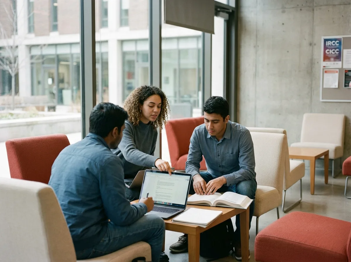 Francophone Students Collaborating Diverse international students studying together in a Canadian university library, speaking French.