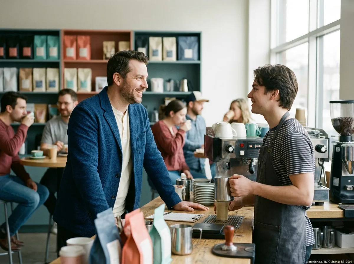 Supporting Local Businesses and Workforce Small business owner and employee interacting in a busy cafe, showing collaboration.