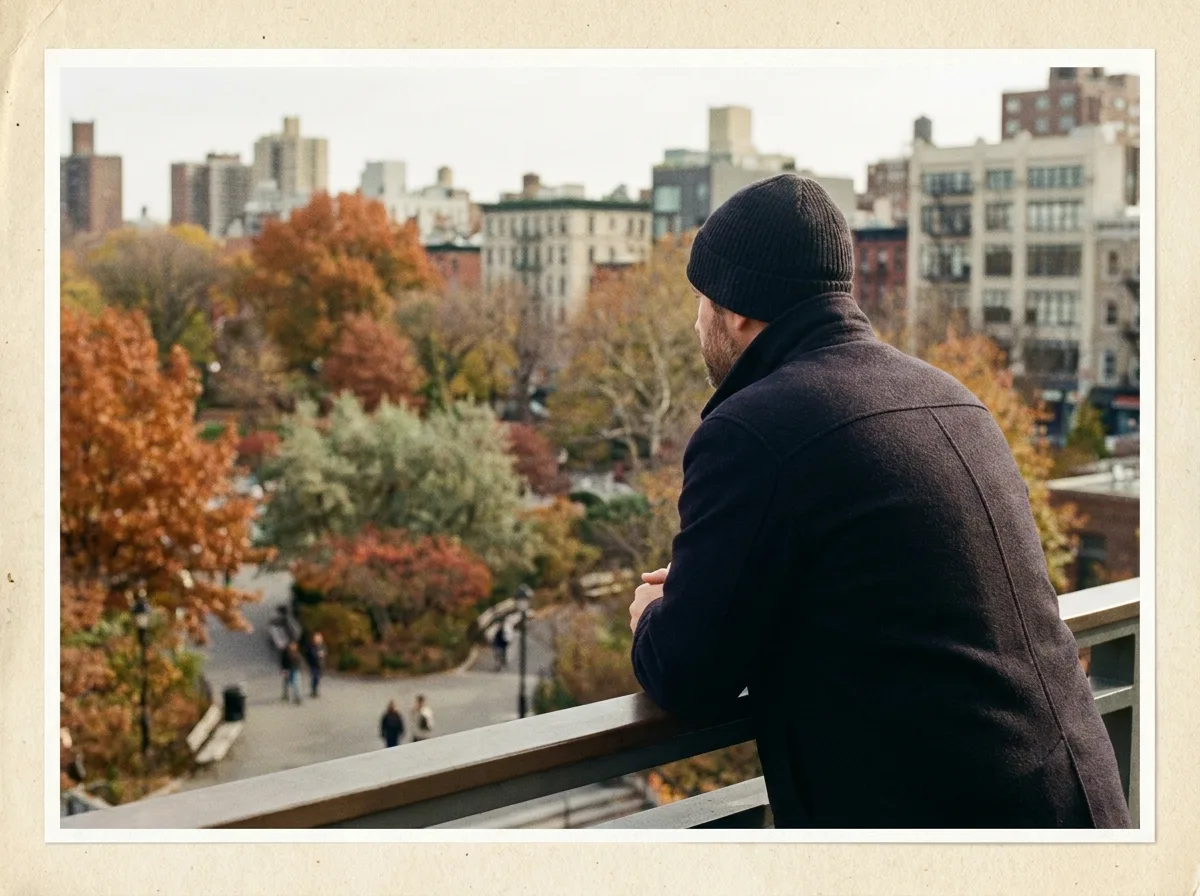 New Beginnings in Canada A person in civilian clothes looking over a Canadian city park in autumn, reflecting on their future.