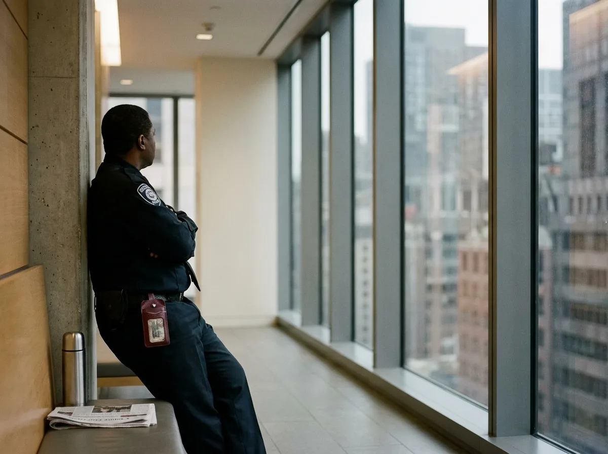 Reflective Moment for a Security Professional A security guard in uniform, taking a thoughtful break by a large window in a modern building.