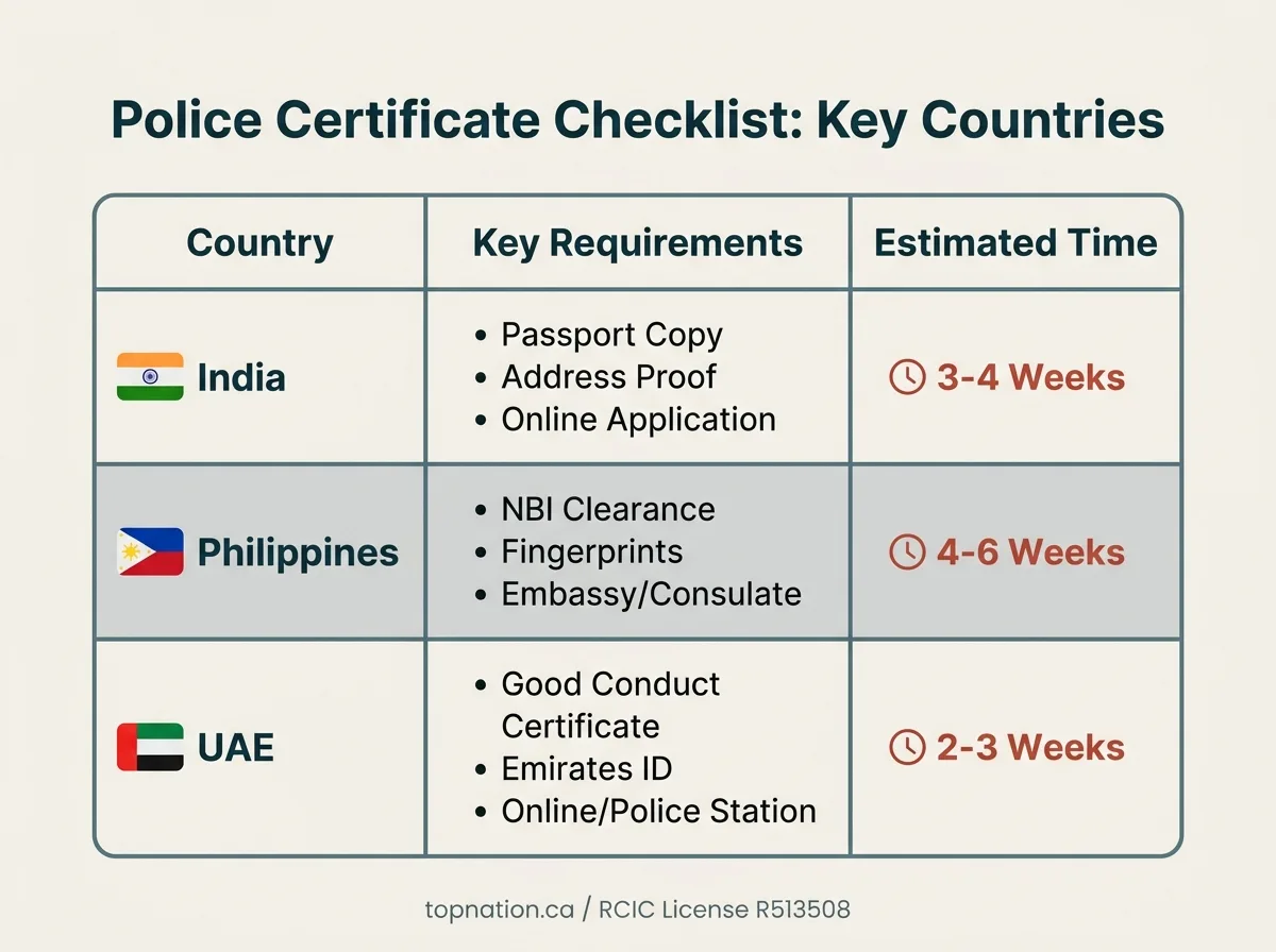 Country-Specific Police Certificate Checklist Comparison chart of police certificate requirements and estimated times for India, Philippines, and UAE
