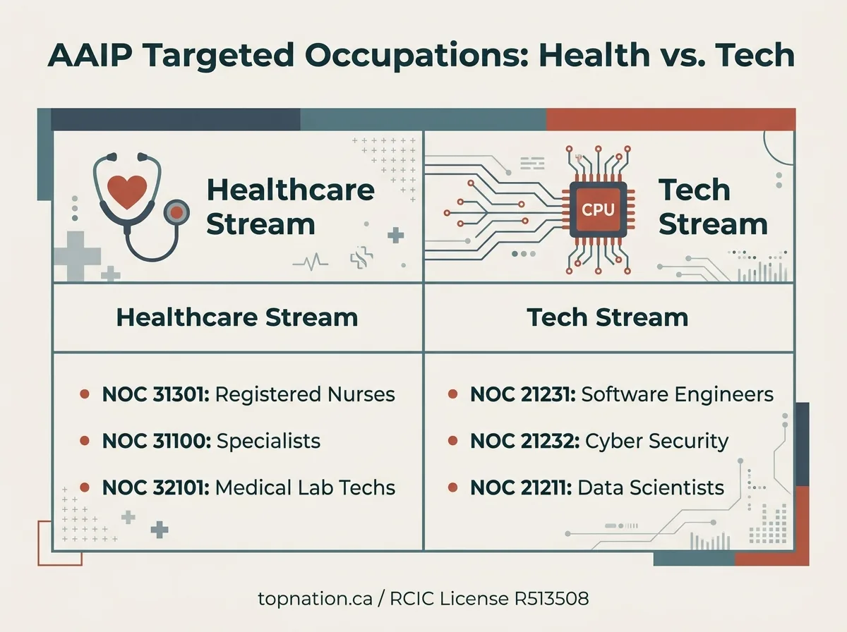 AAIP Targeted Occupations: Health vs. Tech Comparison chart of AAIP targeted NOC codes for Healthcare and Tech streams