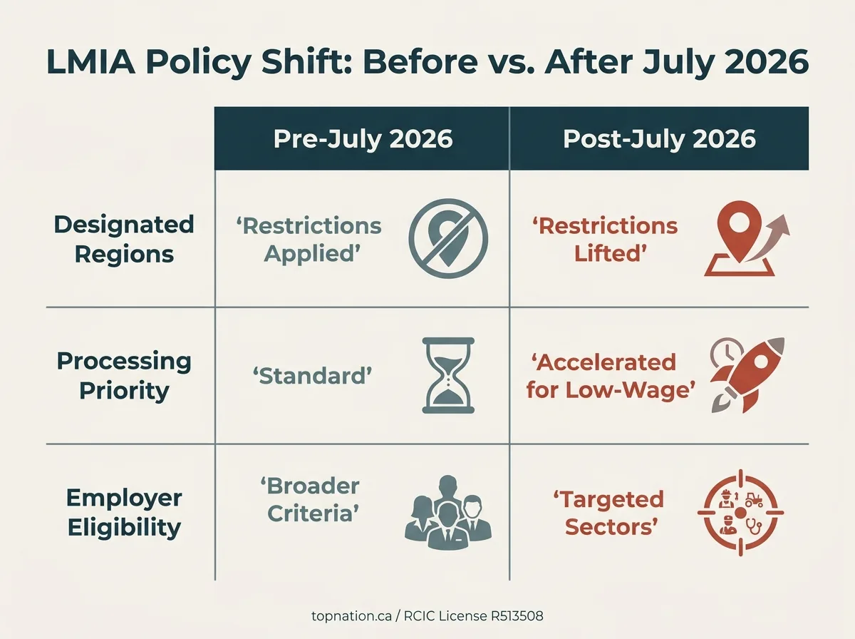 LMIA Policy Shift: Before vs. After July 2026 Infographic comparing LMIA policy changes before and after July 2026.